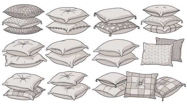 Large selection of soft decorative pillows and cushions in various shapes sizes and fabric patterns such as plaid and stripes.