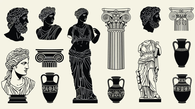 Collection of classical greek art elements including marble statues busts ionic columns and ornate ceramic vases in black.