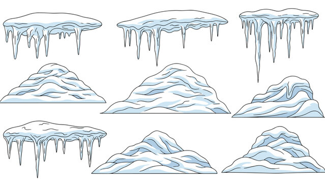 Various shapes of dripping icicles and piles of white snow illustrated in a clean cartoon style for winter themed designs or seasonal weather concepts.