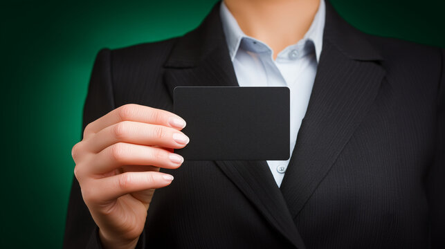 緑背景のコピースペースでカードを提示するピクシーカットの日本人ビジネス女性のシネマティック広告イメージ