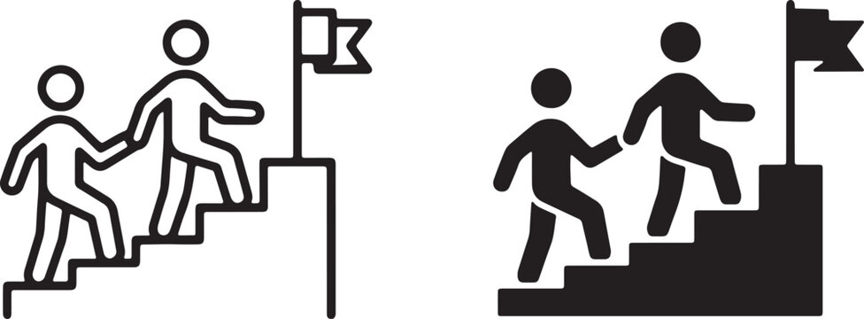 teamwork achievement icon set people climbing stairs to flag vector illustration