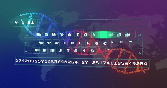 Animation of dna strand, data processing on black background