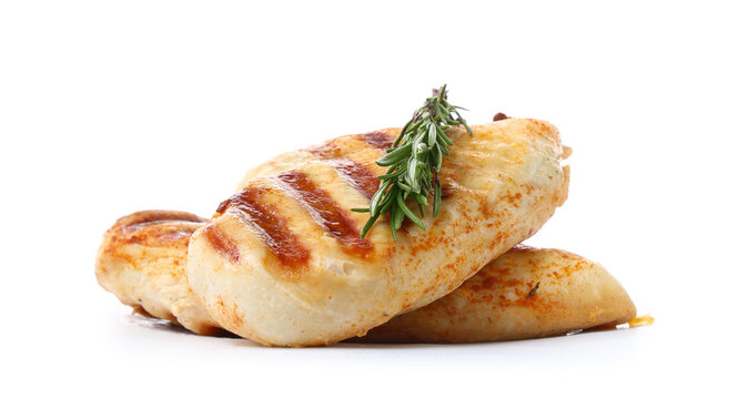 Tasty grilled chicken breast with rosemary on white background