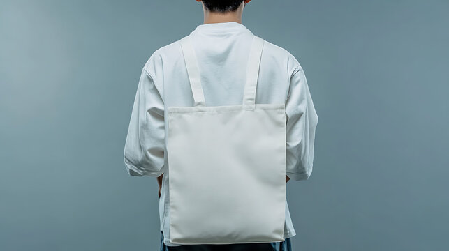 Back view person white t-shirt canvas tote bag backpack style, torso shot, minimal background.