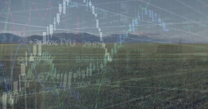 Animation of financial data processing over countryside