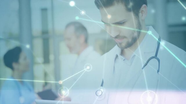 Holding stethoscope, medical professional with network connections animation in hospital background
