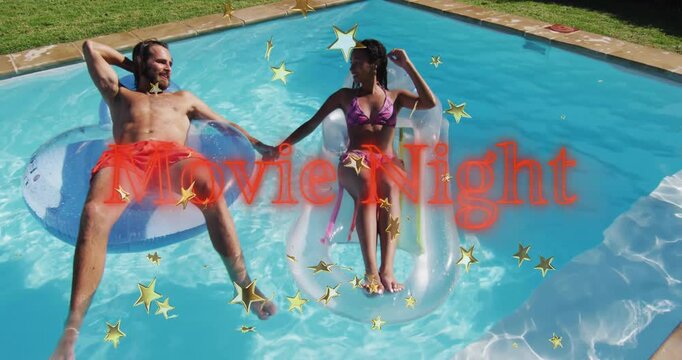 Couple relaxing on pool floats with Movie Night text and star animation