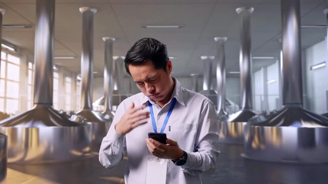 Asian Male Professional Worker Standing With His Smartphone at Stainless Steel Brewing Vats in Beer Plant, He Is Nodding His Head With Dissapionted