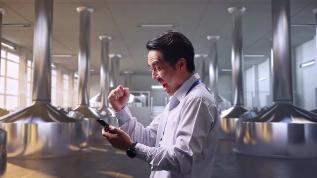 Side View Of An Asian Male Professional Worker With His Smartphone at Stainless Steel Brewing Vats in Beer Plant, He Raises His Fist Up With Screaming Goal After Check On The Smartphone