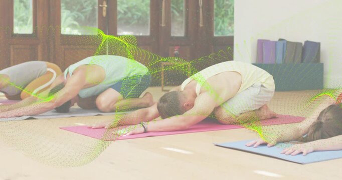 After kneeling yogis folding into child's pose for health with animated arrows guiding arms