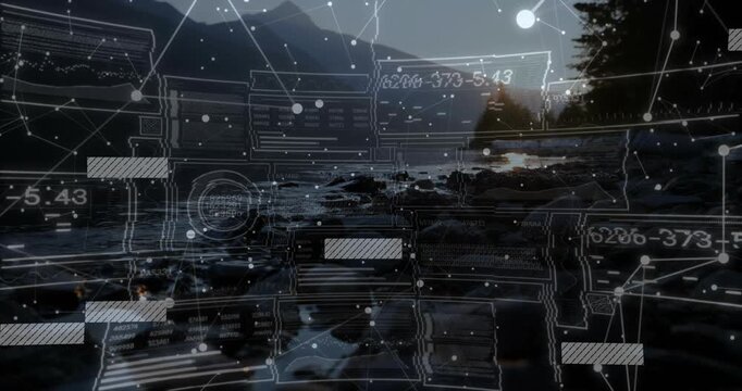 HUD overlay initializing, sliding panels pulsing ring and mapping rocky shoreline data