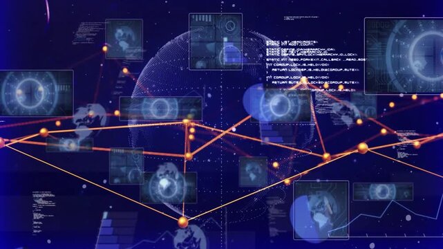 On data start dotted globe lighting nodes, forming network, adding panels, visualizing insights