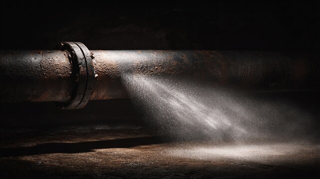 Rusty metal pipe with water leaking under pressure. Broken industrial plumbing system showing damage and crack. Emergency repair, maintenance, construction failure and utility concept.