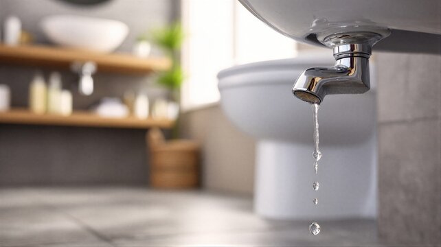 Water leaking from faucet in bathroom. Plumbing failure concept for home repair service. Dripping tap causing waste of water and risk of damage to property. Maintenance and utility issue.