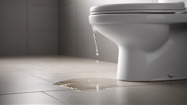 Leaking water from white toilet bowl on bathroom floor. Puddle of water creating home plumbing emergency. Damaged sanitary equipment causing flood in apartment. Repair and maintenance concept.