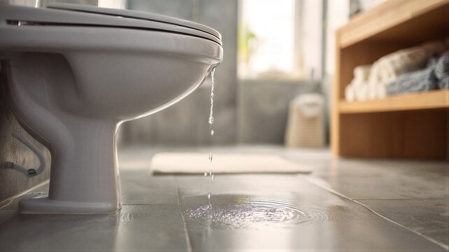 Leaking water from white toilet bowl in bathroom. Broken plumbing pipe causing puddle on floor. Household maintenance problem, domestic accident and repair service requirement concept.