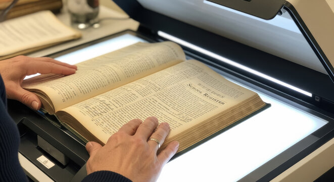 Digitizing History: Hands Scanning an Antique School Register for Archival Preservation