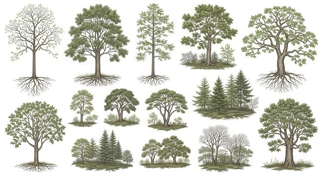 A collection of various trees with different shapes and sizes on white background for design and edu