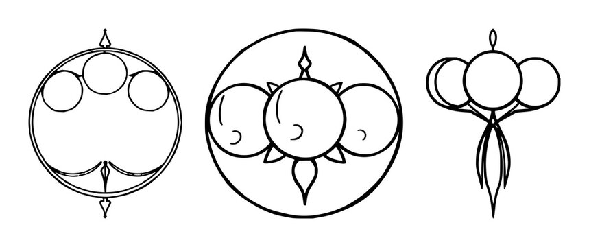 Triple Moon goddess symbol set with black line art design featuring crescent moons, full moon, spiritual with witchcraft and pagan elements
