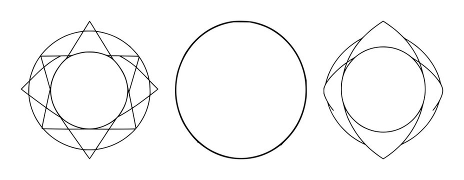 Vesica Piscis geometry set with black line art design featuring almond shape, intersecting circles, sacred geometry with spiritual symbols and mystical elements