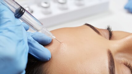 Naklejka premium Cosmetic botox injection procedure on a female forehead.