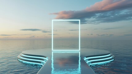 Obraz premium Futuristic neon frame on a reflective platform over the ocean at sunset