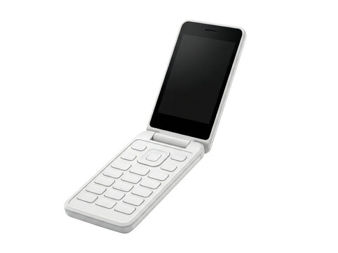 White generic flip phone open isometric view isolated. Retro mobile technology mockup.