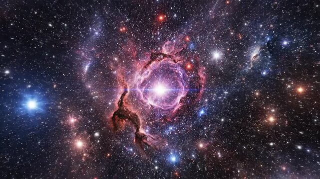 Traveling through a shimmering purple crystal geode tunnel, emerging into a vibrant glowing nebula in deep space, cosmic motion background.