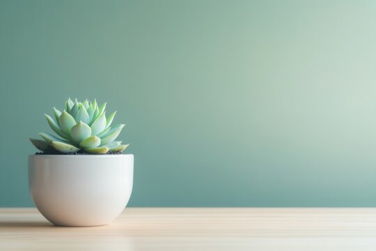 Bright succulent in white ceramic pot, soft teal gradient background with left plant and ample blank area for copy, highkey lighting and crisp silhouette make image ideal for ecommerce and social