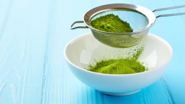 A bowl of green tea powder with a sifter on a blue wooden table, ready for use in a recipe or as a healthy drink ingredient.