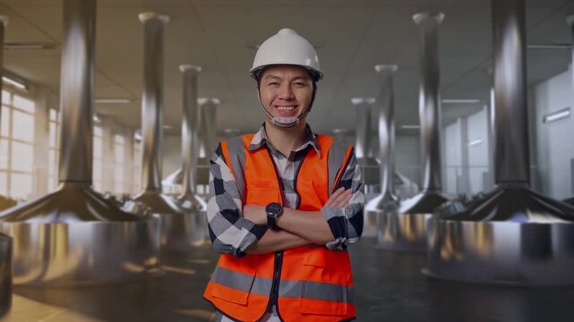 Asian Male Engineer With Safety Helmet Crossing His Arms And Smiling To Camera While Standing at Stainless Steel Brewing Vats in Beer Manufacturing Plant
