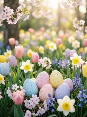 Fototapeta premium Colorful Easter eggs with blooming flowers in soft dreamy cinematic light