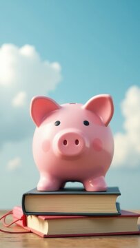 A piggy bank sits atop a stack of books, representing savings and learning