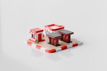 3d convenience store gas station icon. roadside retail concept. minimal cartoon shop fuel pumps for locator app. isolated on white transparent background. 3d render. © Theeraphat