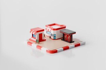 3d convenience store gas station icon. roadside retail concept. minimal cartoon shop fuel pumps for locator app. isolated on white transparent background. 3d render. © Theeraphat