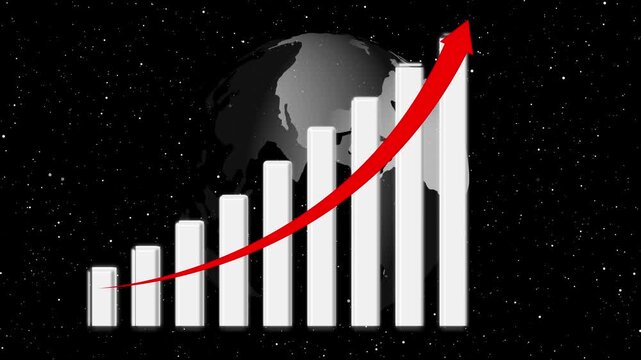 Financial chart shows rising red arrow in starry space. Financial chart visualizes economic growth trends. Financial chart enhances data analysis with modern visuals.