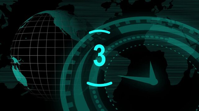 Countdown timer glows with number five and world map overlay. Timer represents time tracking and countdown systems. Timer enhances visuals with modern interface design.