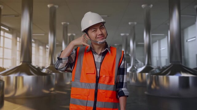 Asian Male Engineer With Safety Helmet Smiling To Camera And Making Call Me Gesture While Standing at Stainless Steel Brewing Vats in Beer Manufacturing Plant