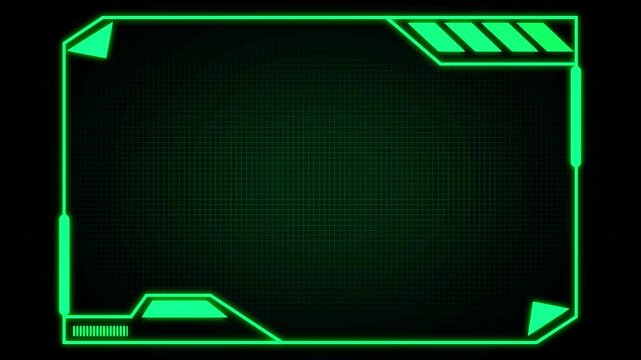 Sci-fi HUD frame glows green on dark grid background. HUD frame represents technology and futuristic interfaces. HUD frame enhances visuals with modern design.
