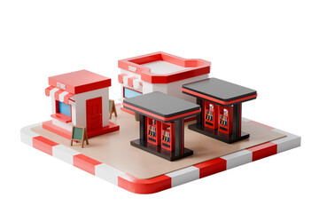 3d convenience store gas station icon. roadside retail concept. minimal cartoon shop fuel pumps for locator app. isolated on white transparent background. 3d render. © Theeraphat