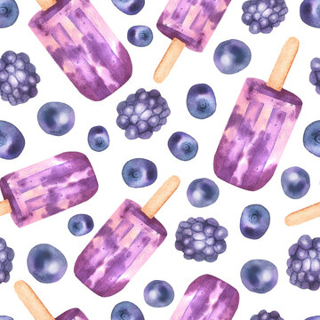 Seamless pattern ice cream blueberries blackberries