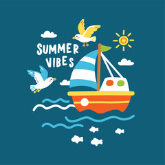 Summer Vibes Illustration with Sailboat, Seagulls, and Sun © atap