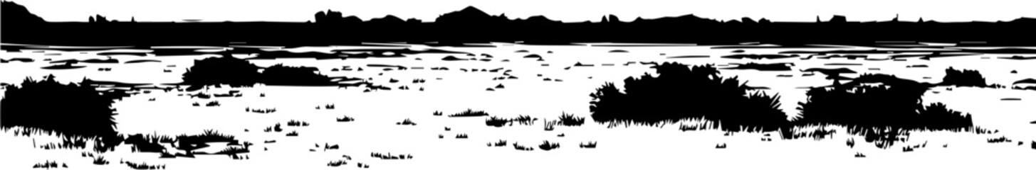 Obraz premium Expansive arctic tundra landscape with low-lying vegetation and distant rocky hills.