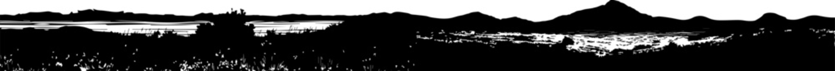 Silhouetted arctic landscape with mountains, lake, and vegetation in the foreground. © Annamorphosis