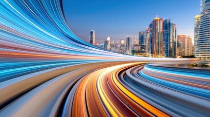 Fototapeta premium Abstract data stream flowing above a city, streaks of blue light, visualization of high speed 5G internet, motion blur, cyber technology
