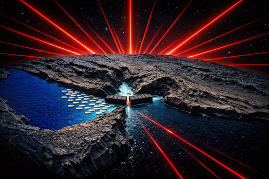 Strait of Hormuz blockade abstract 3D relief map with tanker queue and radiating red price signal symbolizing oil prices energy crisis and global supply shock