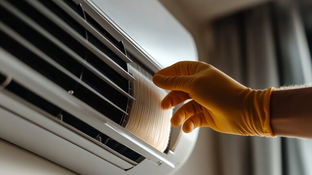 Air conditioning maintenance tips proper filter cleaning at home instructional guide indoor environment close-up view home improvement concept