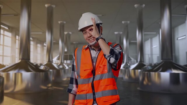 Asian Male Engineer With Safety Helmet Showing Ok Hand Sign Over Eye And Smiling To Camera While Standing at Stainless Steel Brewing Vats in Beer Manufacturing Plant