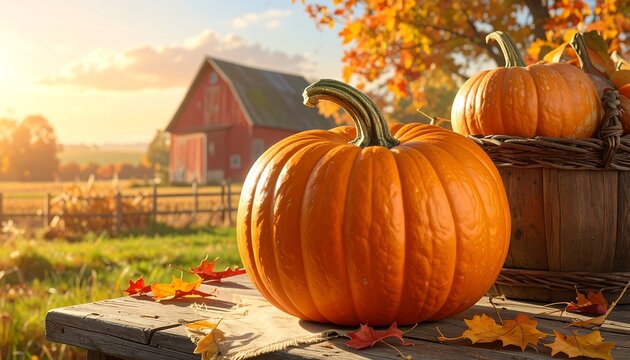 Autumn scene pumpkins on table, barn in background, fall foliage, golden light