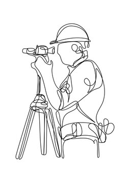 Surveyor using tripod instrument line art illustration, continuous line art.